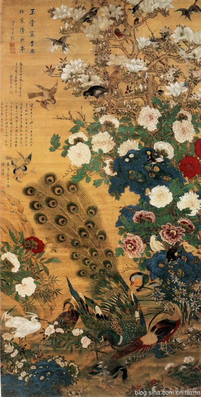 明代 陈嘉选《玉堂富贵图》 绢本设色，纵200.4厘米，横103.9厘米。上海博物馆藏