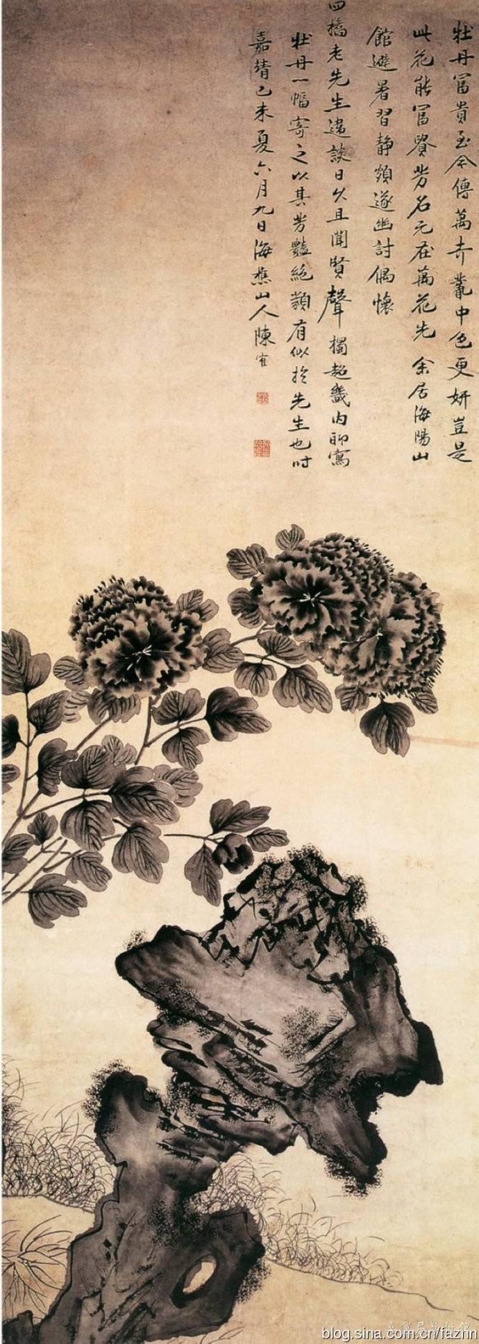 明 陈鹤《牡丹图》立轴，纸本，水墨，纵144厘米，横53．7厘米。上海博物馆藏