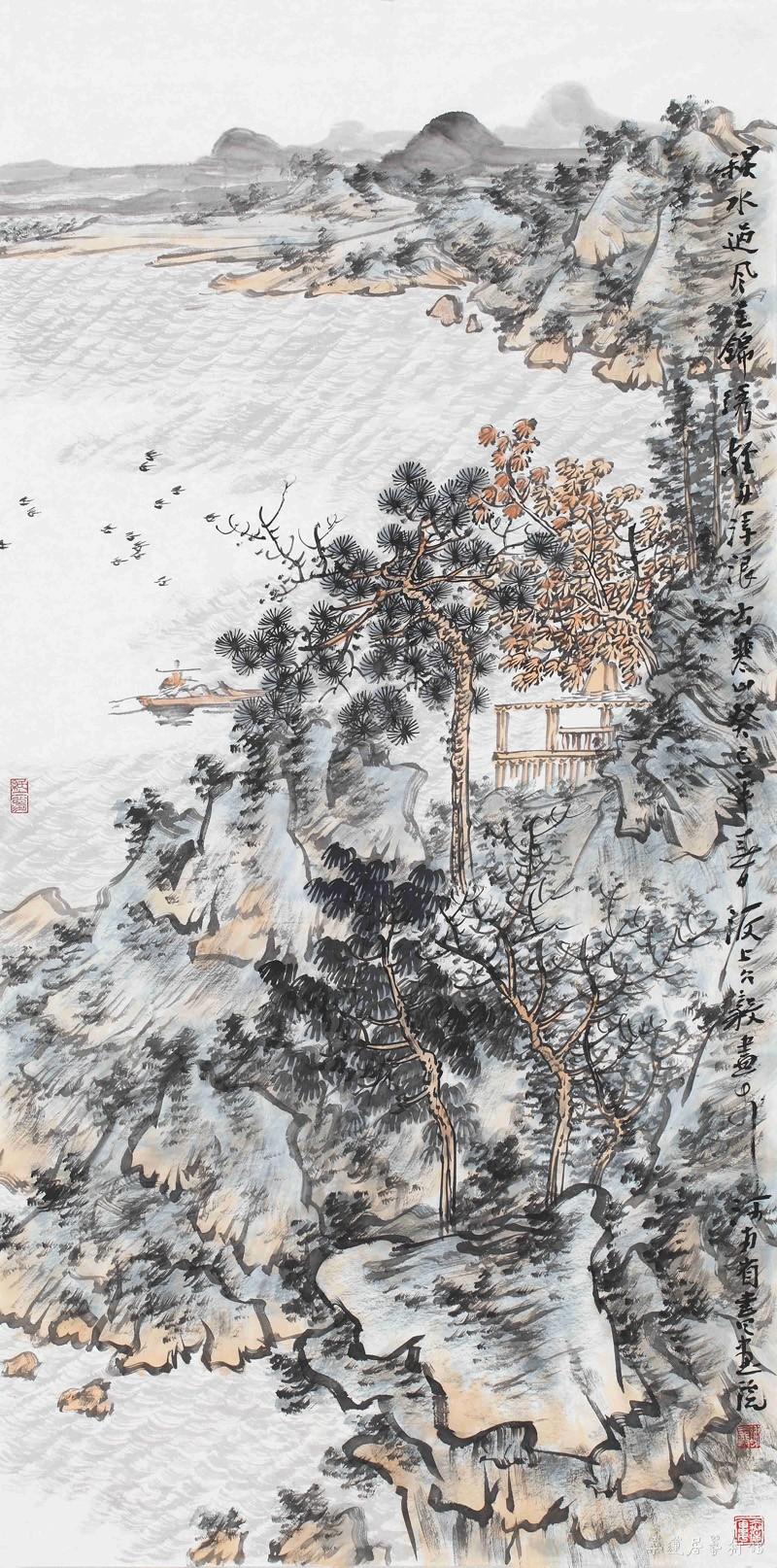秋水过风呈锦绣 轻舟浮浪出寒山136x68cm 缩图