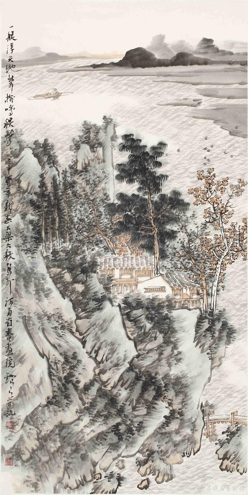 一艇浮天地 万树鸣秋声 136cmx68cm_缩图jpg