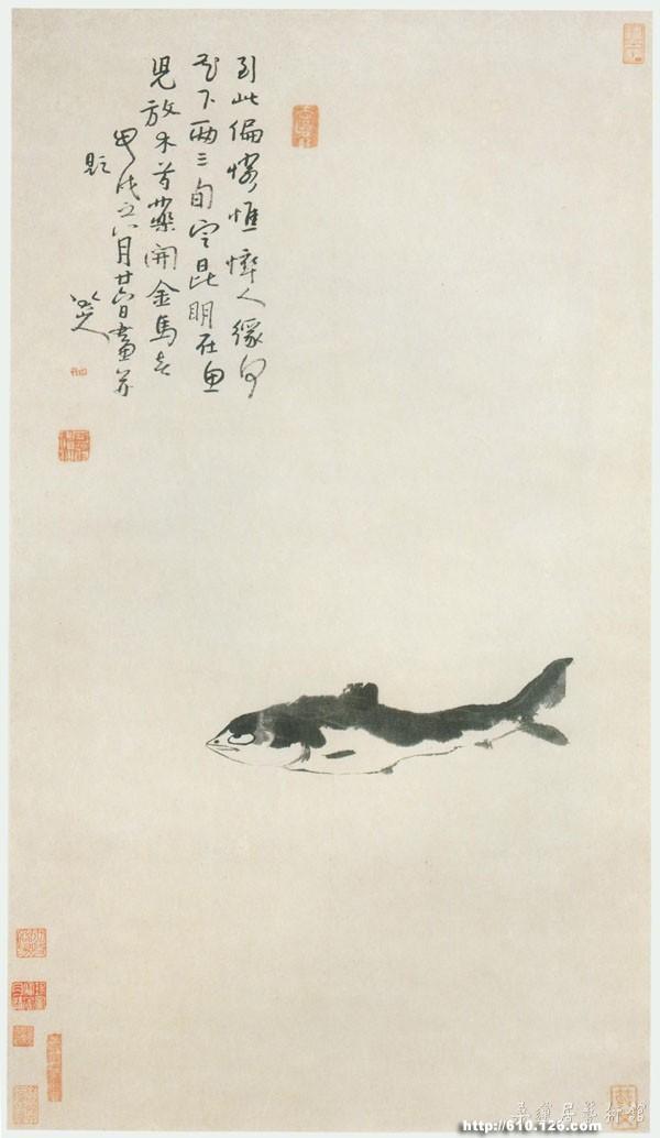 甲戌1694 行草题鱼图轴