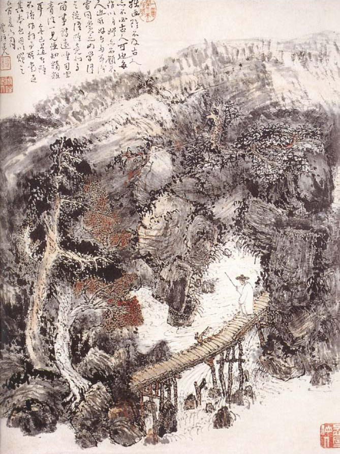 [清] 髡残 溪桥策杖图 纸本淡设色 55.5×40cm 苏州博物馆藏
