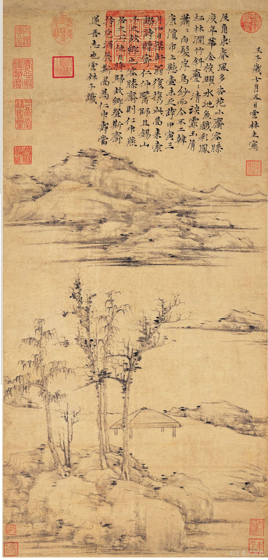 [元] 倪瓒 容膝斋图 纸本水墨画 74.7×35.5cm 台北故宫博物院藏.jpg