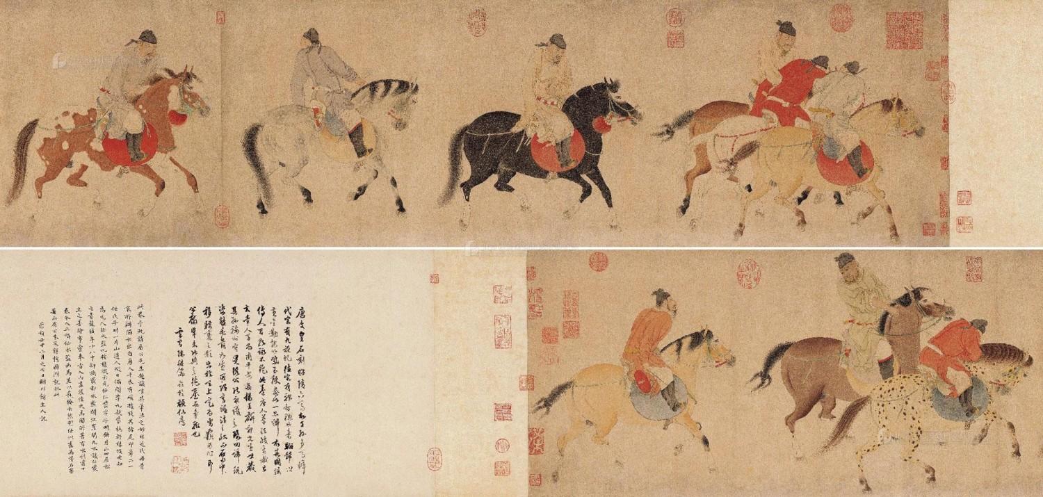 元 任仁发 五王醉归图卷 设色纸本 题跋35×65.5cm，画心35×210.5cm