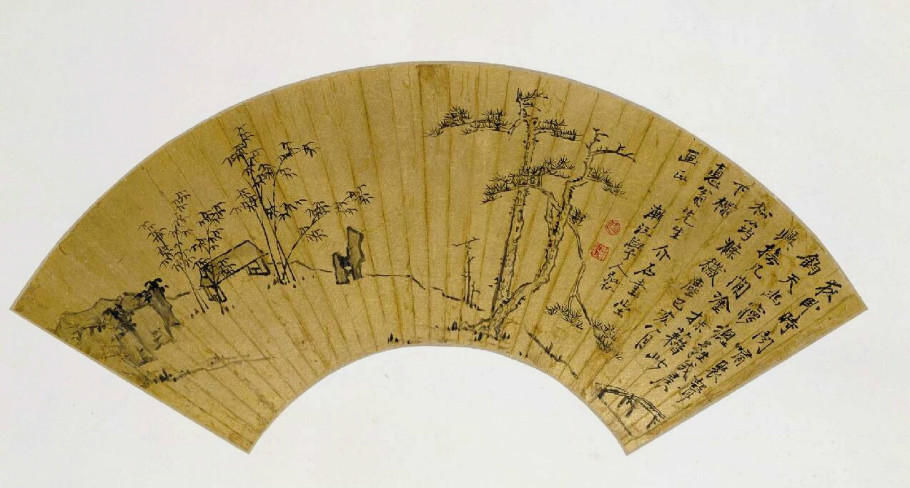 [清] 弘仁 松竹幽亭图扇页 金笺墨笔 16.1×50.5cm 故宫博物院藏