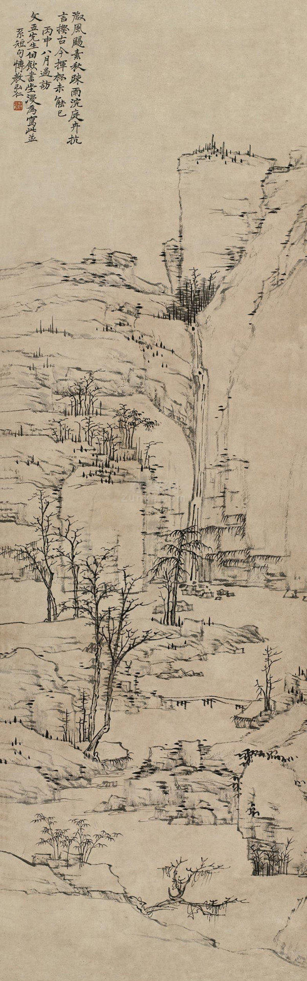 清 弘仁 断崖流水图 镜心 纸本 1656年作 90×28cm 北京匡时2012秋拍 成交价816.5万元 着录于杨翰之《归石轩画录》。