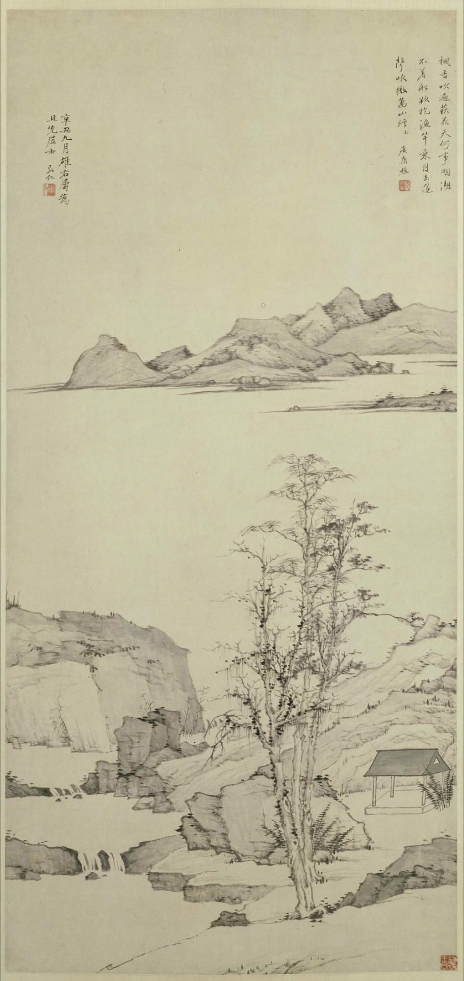 [清] 弘仁 仿倪山水图轴 纸本设色 133.1×62.7cm 故宫博物院藏