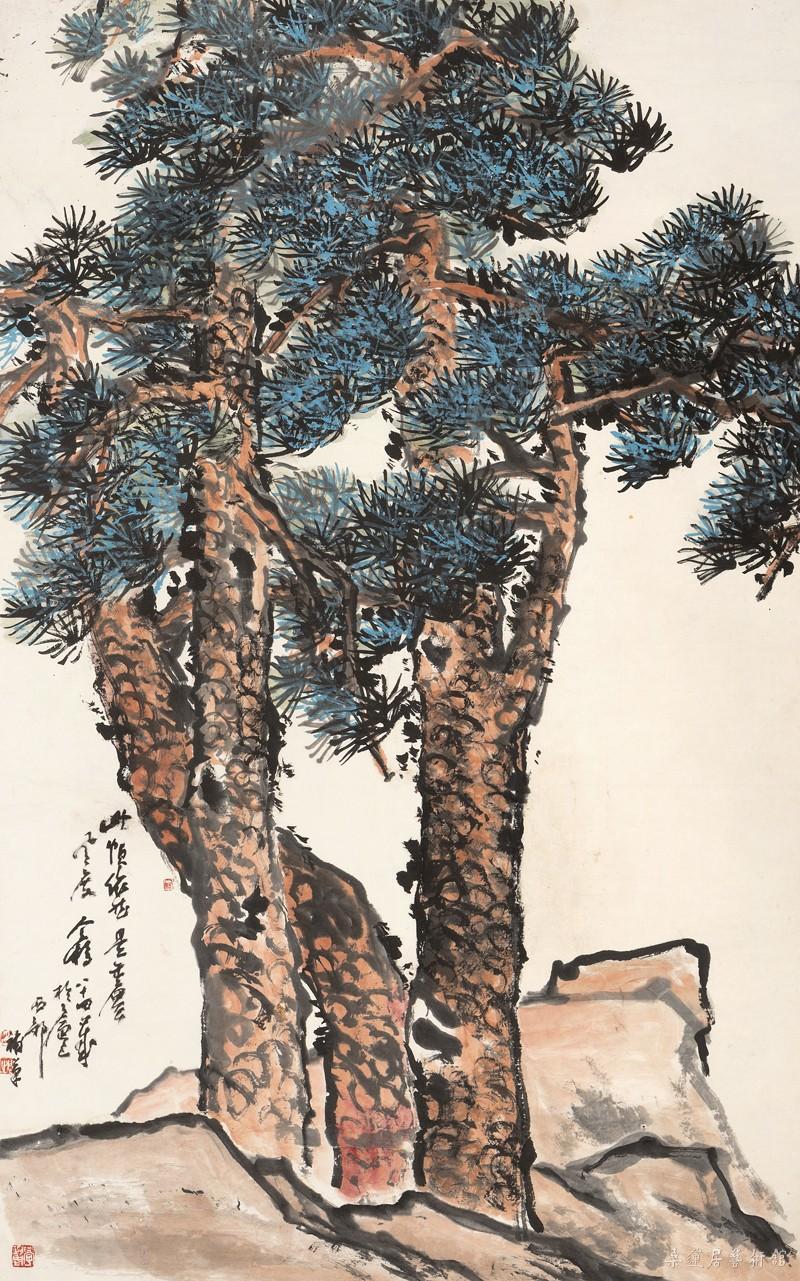 王个簃 松柏 110×69cm 设色纸本立轴