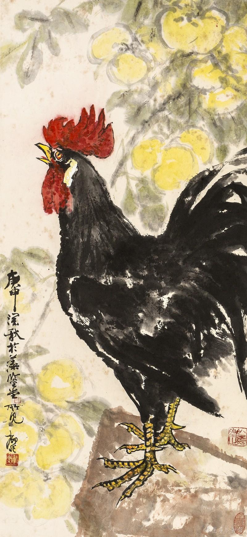 陆抑非 公鸡图 95×44cm 设色纸本立轴