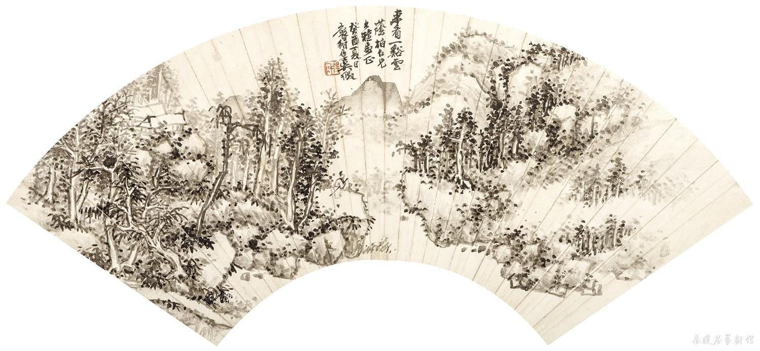 吴待秋 溪云图 18×50cm 墨笔纸本扇面