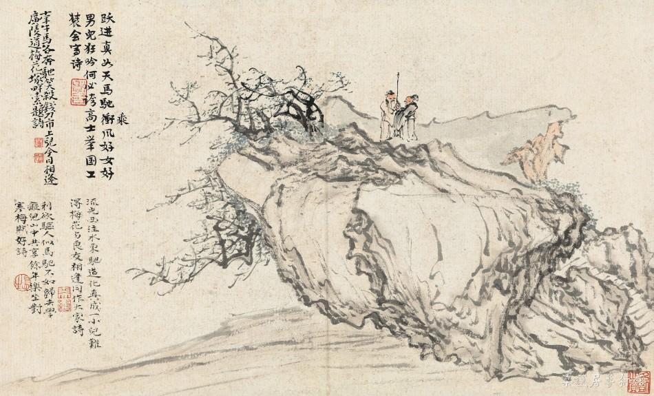 老舍题黄慎 孤崖清话图 25.5×41cm 纸本设色