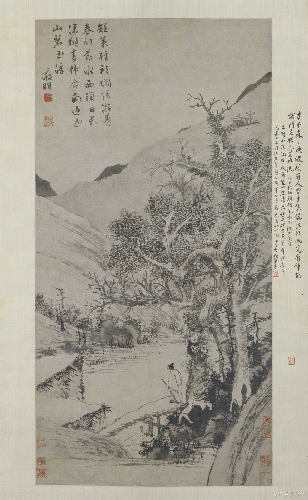 《溪桥策杖图》轴，明，文徵明绘，纸本，墨笔，纵95.8cm，横48.7cm