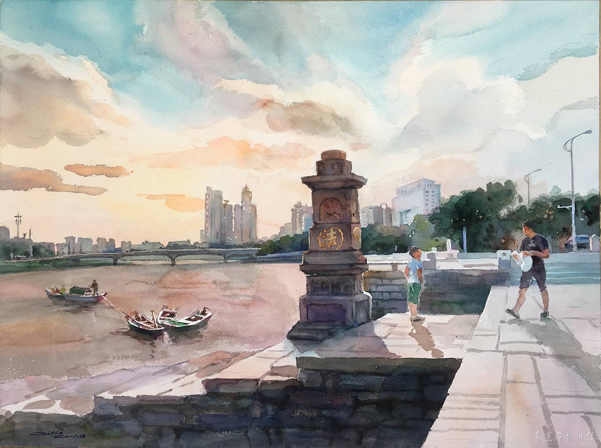 蔡鑫《江口码头》水彩画