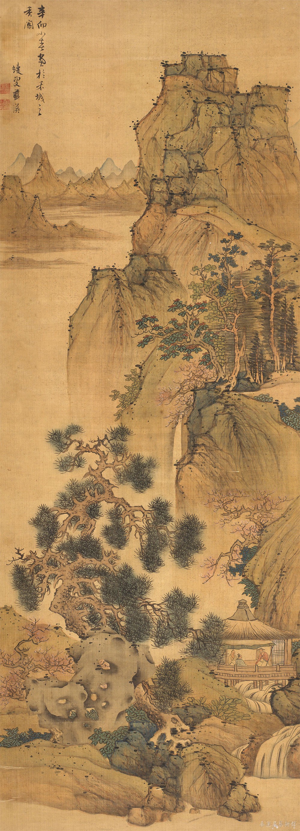 清 蓝瑛 春山水阁图 轴 绢本设色 纵174厘米 横64厘米顺治八年辛卯（1651年）安徽博物院藏