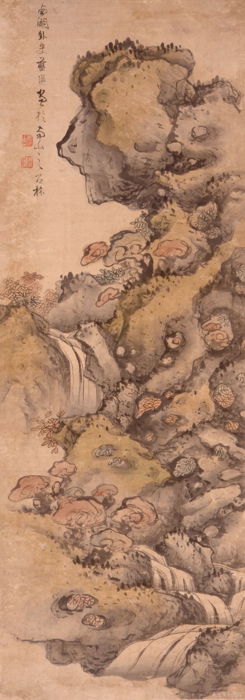 b13 明 蓝瑛芝石图 轴 纸本设色 纵155.8厘米 横54.6厘米 嘉兴博物馆藏