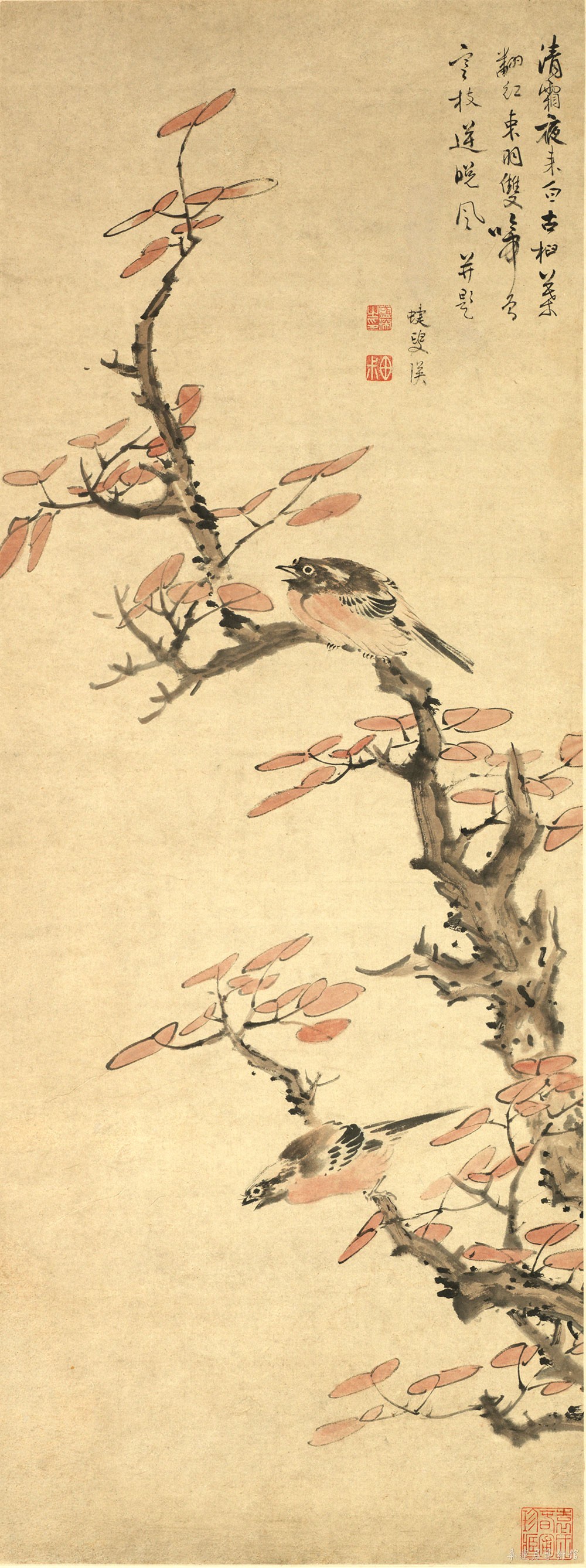 明 蓝瑛红叶秋禽图轴 绢本设色 纵95.3厘米 横35.6厘米天津博物馆藏