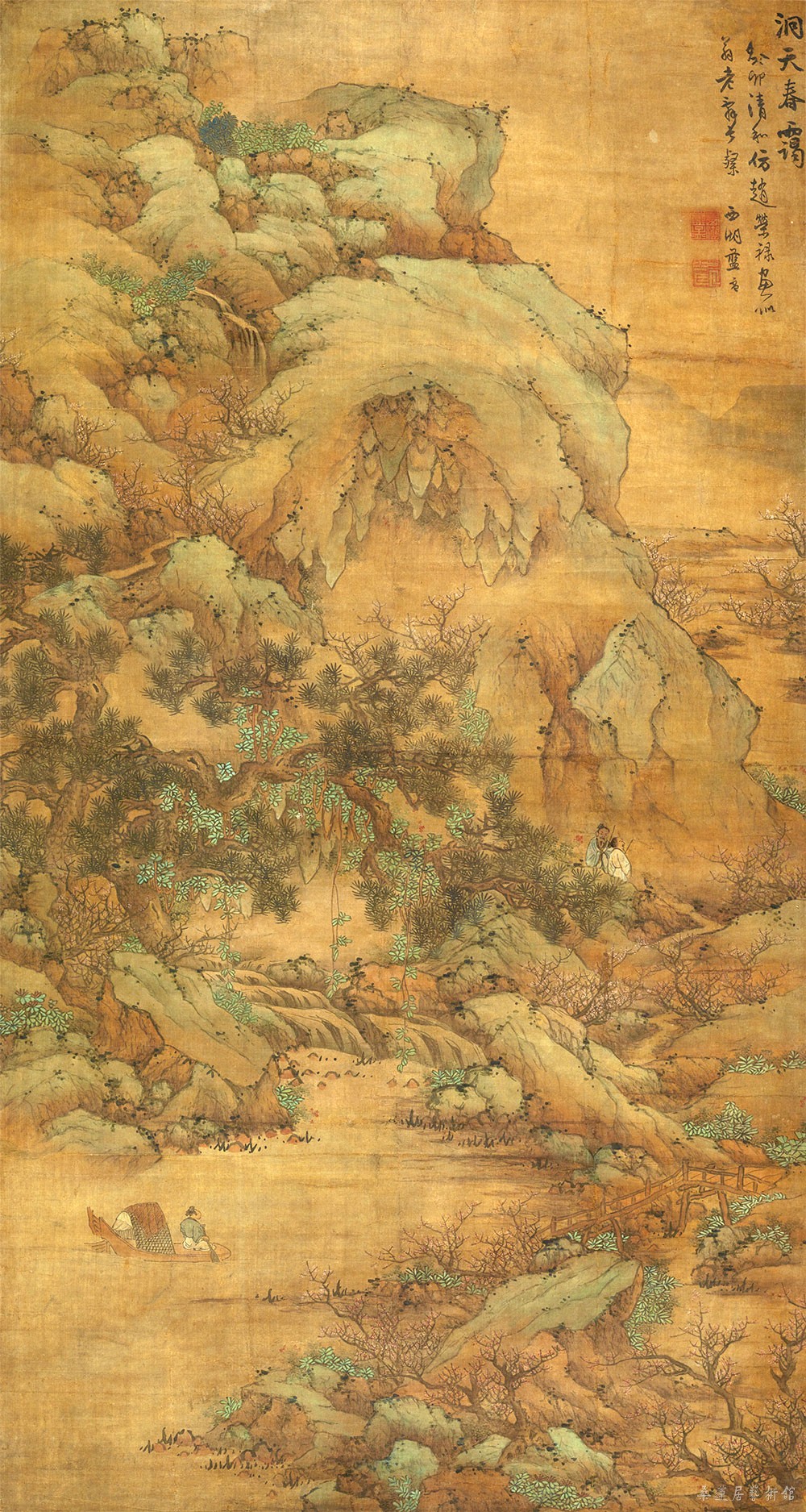 清 蓝孟洞天春霭图 轴 绢本设色 纵173.9厘米 横92.5厘米康熙二年癸卯（1663年）浙江省博物馆藏
