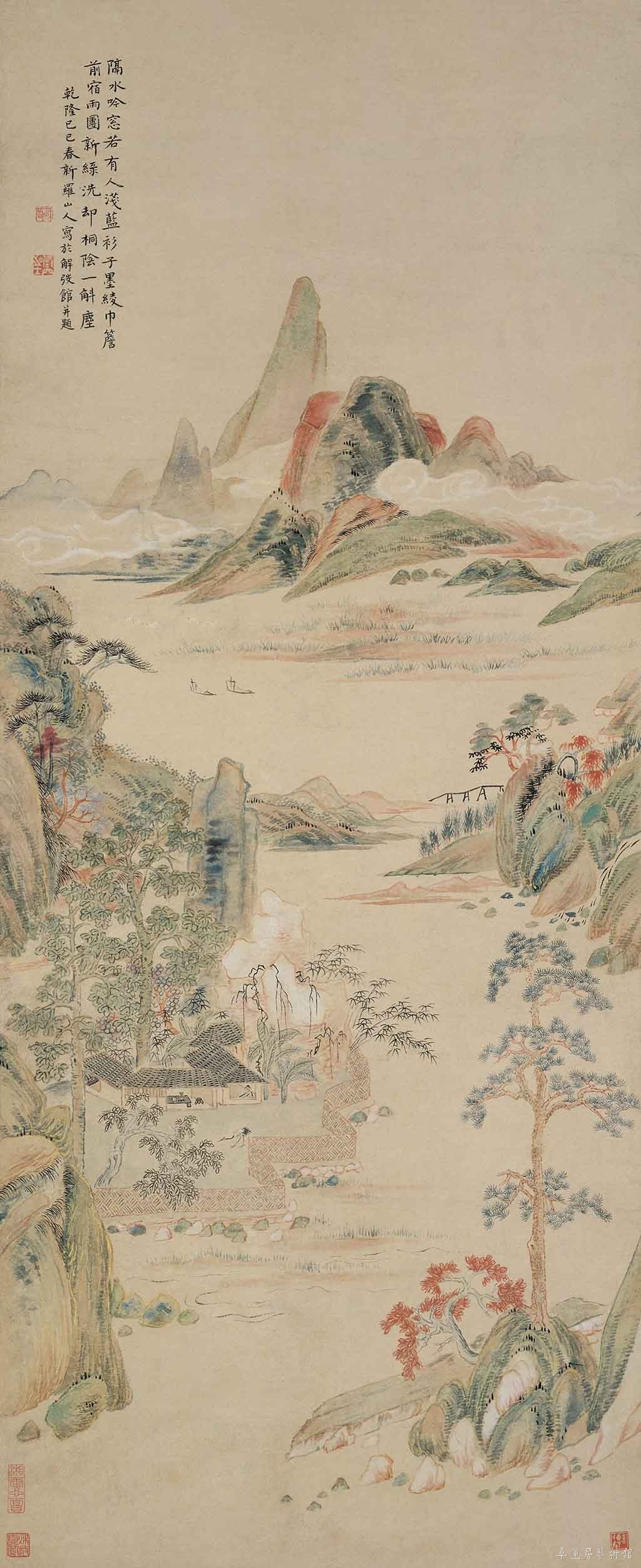 清 华嵒 隔水吟窗图轴 纸本设色 96.6x39.9cm 上海博物馆藏