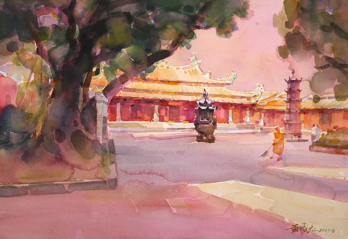 黄曦农《天后宫》 水彩画