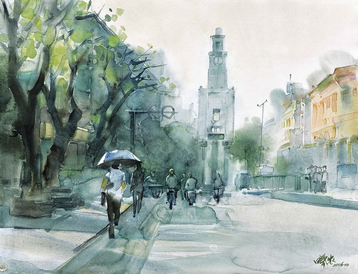 黄曦农《西街钟楼》水彩画