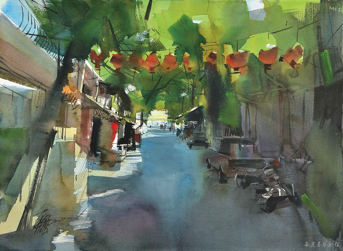 平龙《聚宝街》水彩画