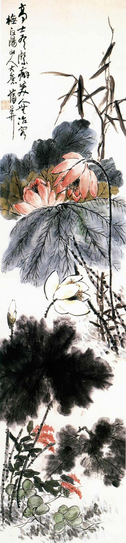 清 蒲华《红蓼荷花图》轴，设色纸本，纵247.8厘米，横60.5厘米，上海博物馆藏