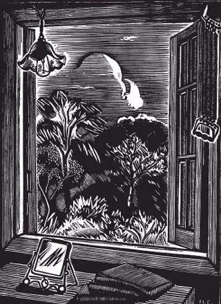 《窗》，李雾城作，1933年。选自鲁迅1934年编选的《木刻纪程一》，铁木艺术社印行