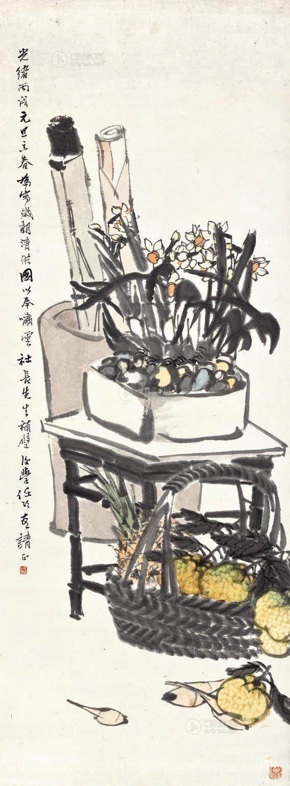 任伯年 岁朝清供2 1886年作 设色纸本立轴 104.5×39cm 款识：光绪丙戌元旦立春。为写岁朝清供图以奉啸云社长补壁。后学任颐奉请正。 《幽篁独坐图》及《赤壁泛舟图》可参见《任伯年年谱．论文．珍存．作品》，丁羲元著（上海书画出版社，一九八九年），页59及98