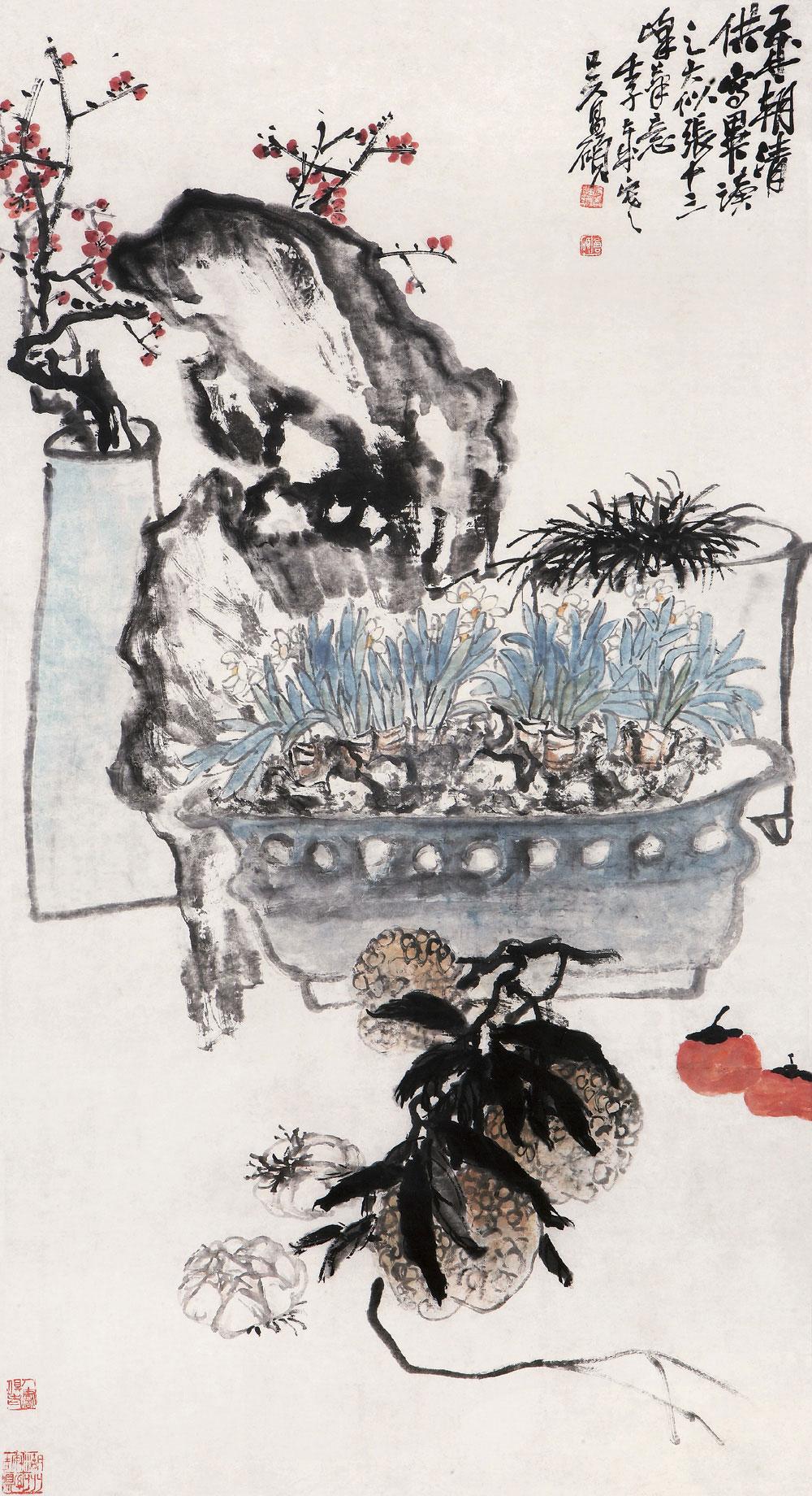 吴昌硕 岁朝清供图 1912年作 岁朝清供图 138×80cm 设色纸本镜心 款识：岁朝清供，写毕视之大似十三峰笔意，壬子岁寒吴昌硕