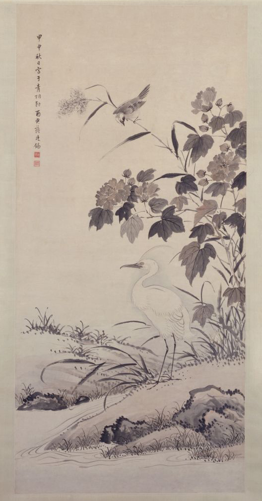 《芙蓉鹭鸶图》轴，清康熙四十三年（1704年），蒋廷锡绘，纸本，墨笔，纵127.7cm，横60