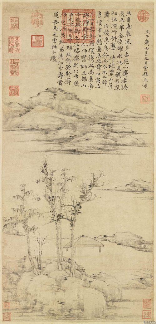 元 倪瓒 容膝斋图 纸本水墨画 74.7×35.5cm 台北故宫博物院藏（台北故宫官网载） 副本缩图2
