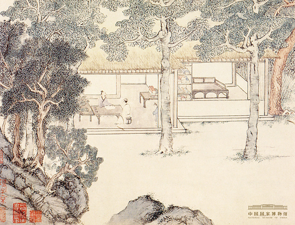 明 文徵明 真赏斋图 纸本设色 画幅纵28.6厘米、横79厘米，文纵19、横50厘米 1982年孙念台先生捐 捐赠 中国国家博物馆藏 副本缩图