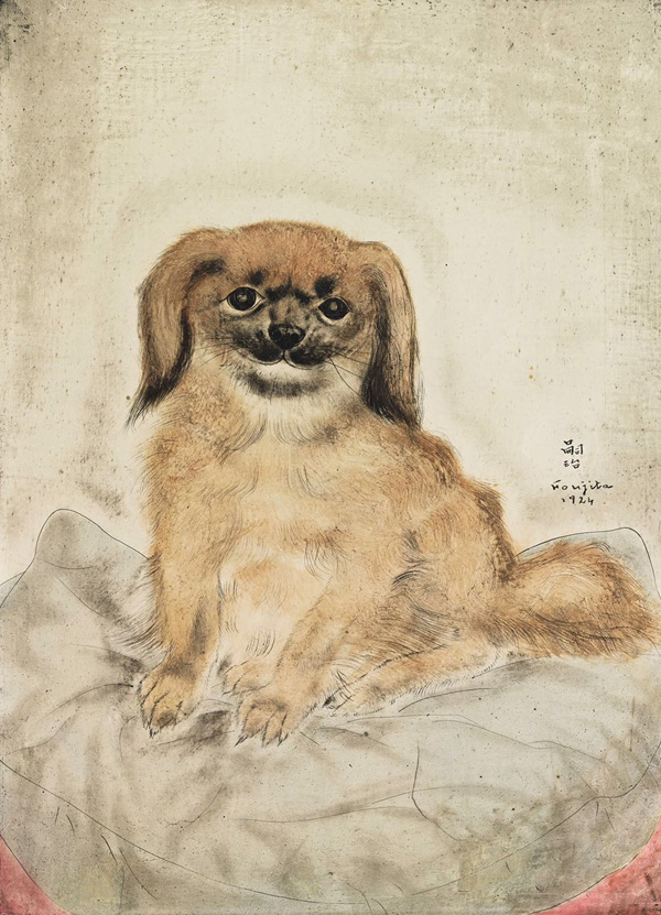 姚谦收藏的画作《北京狗》，藤田嗣治作品。