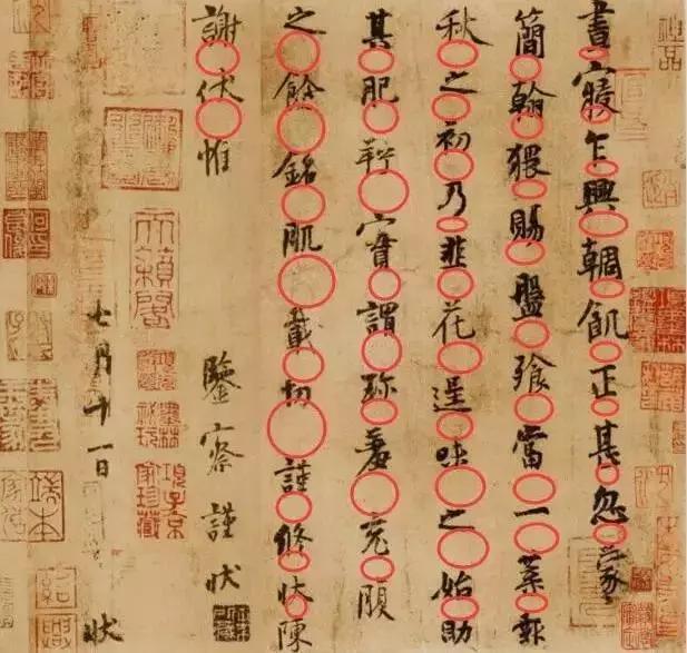 这些圈圈就是字距。圈圈的大小呈现螺旋式变大。也就意味着字距呈现一个不断变大变疏散的过程。不是直线，是曲折回旋式。一句话，前紧后松。