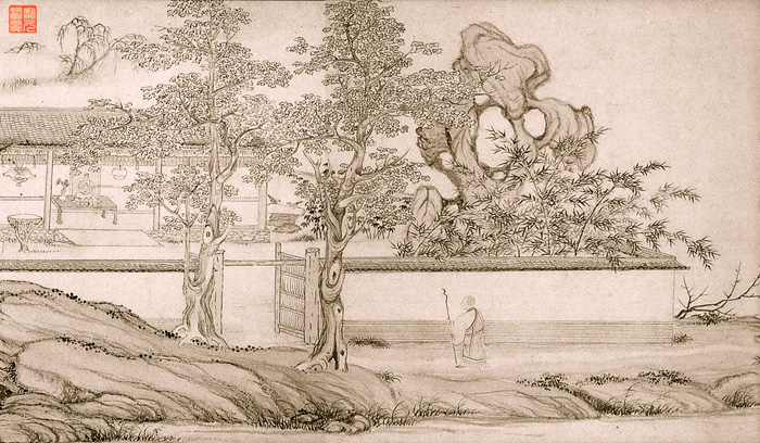 明  项元汴  梵林图 纸本设色 25.8×86cm 南京博物院藏 署款“项墨林作《梵林图》”，钤“子京”朱文葫芦印、“墨林山人”白文方印。引首自书“梵林”篆书 。卷后自录七言诗一首。另钤“汪庭堅印”、“虚斋审定”等收藏章。 局部2副本 缩图