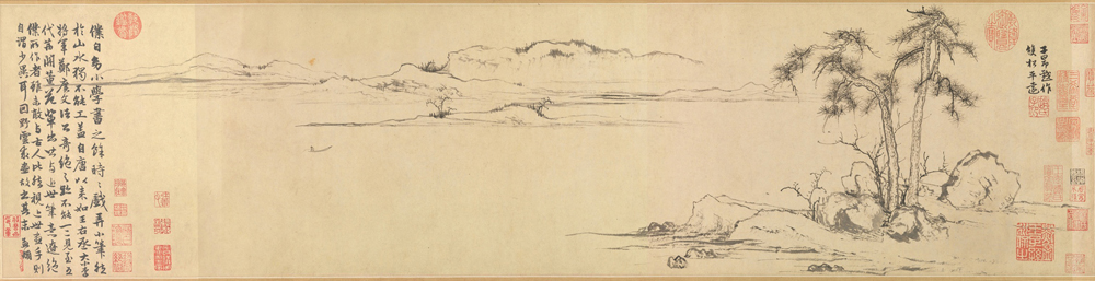 赵孟頫 双松平远图 元 赵孟頫 双松平远图 纸本墨笔 26.7×107.3厘米 美国大都会艺术博物馆藏 裁 缩图