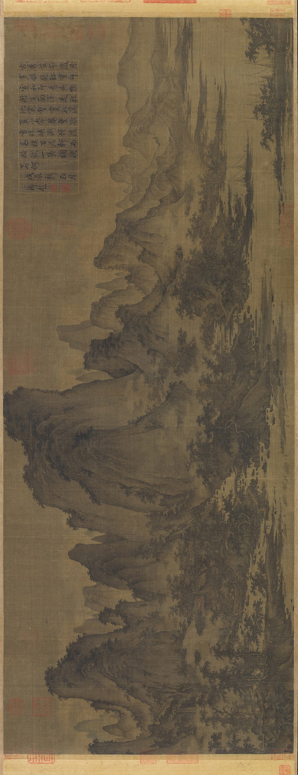 宋 屈鼎 夏山图3 尺寸45.4×115.3cm 整体尺幅46.4×706.1cm 屈鼎，生卒年不详，京师(今河南开封)人，北宋著名画家。仁宗朝为图画院只候。工画山水，得燕文贵之髦髴。画四时风物之变态，与夫烟霞惨舒，泉石凌砾之状，善分布，涧谷间见屈曲之状_副本2 旋转缩图2