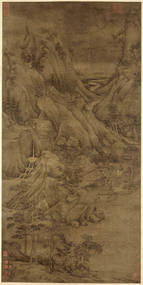 五代 董源 溪岸图 绢本设色 221.5×110cm 美国大都会博物馆藏 王季迁旧藏 副本缩图