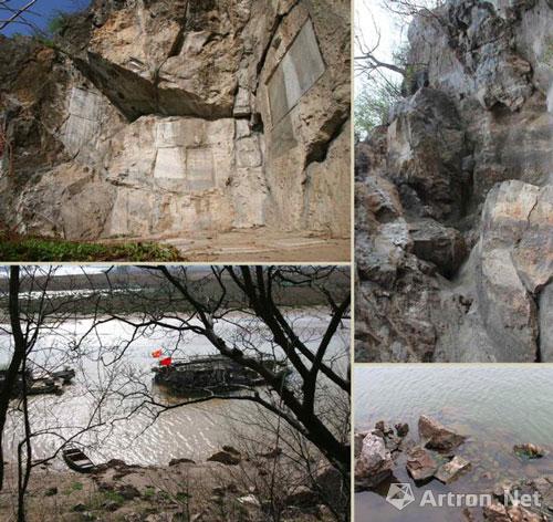 约唐天宝年间，瘗鹤铭下半部铭石被雷击中坠入江中.传为瘗鹤铭原石崩落遗址及江边落水处现状。