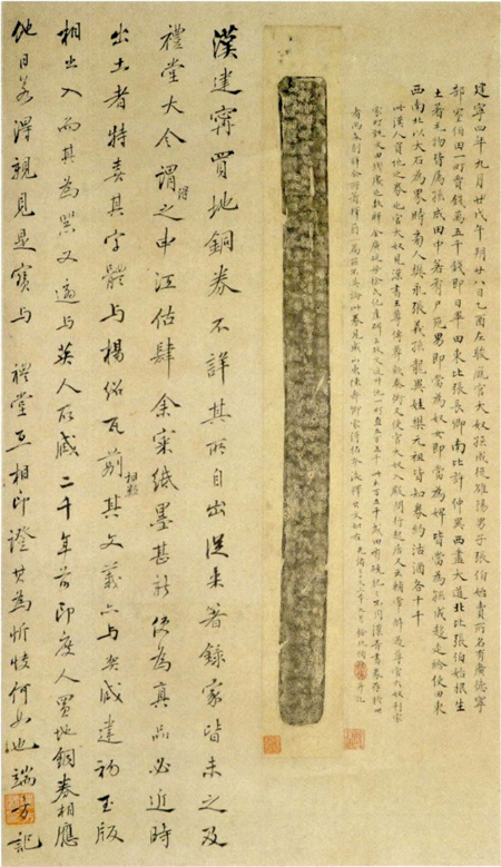 光绪末年，褚德彝（礼堂）购得《孙成买地券》拓本为后，爱不释手，即装裱成卷轴并先后延请多位名家题跋。拓本左侧留有端方题跋 2副本 缩图