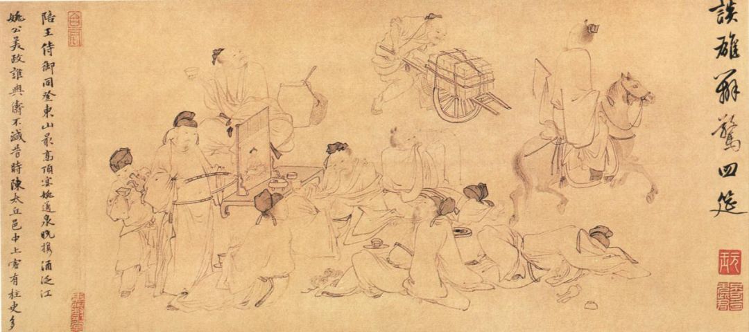 杜堇绘《古贤诗意图》纸本墨色，纵28厘米，横1079.5厘米，现藏故宫博物院。根据杜甫《饮中八仙歌》创作。