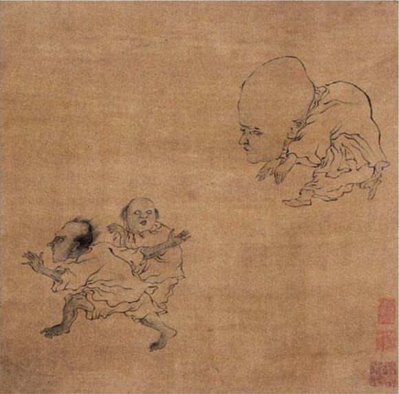 第六幅，三鬼，一鬼头和山丘差不多大，面目臃肿，身仅如首，两手复颌下，匍匐追逐另两个小鬼；一鬼绿发疏发飞立，张巨手如箕；一鬼首如桃实，上锐下丰，束手回顾，皆做惊避状。