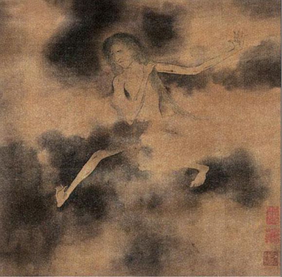 第五幅，一蓬首散发，整个身体成纯绿色，鹰目血口，瘦骨如柴的长腿鬼大步跃出，一手揉抓着肩膀，一手向后飞举，飞行云雾中，是两峰亲见于焦山者，殆水魈非鬼也。
