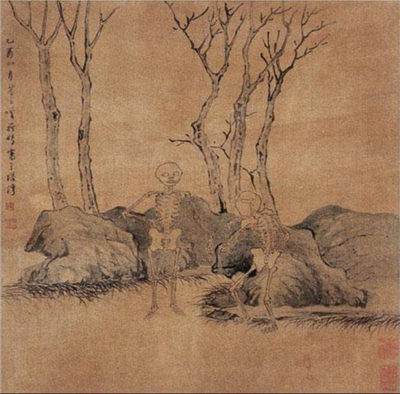 第八幅，青林黄草中黑石一丛，藏有两具骷髅站立着，一个倚石外向，另一个据石内向，是一男一女两鬼在说话。