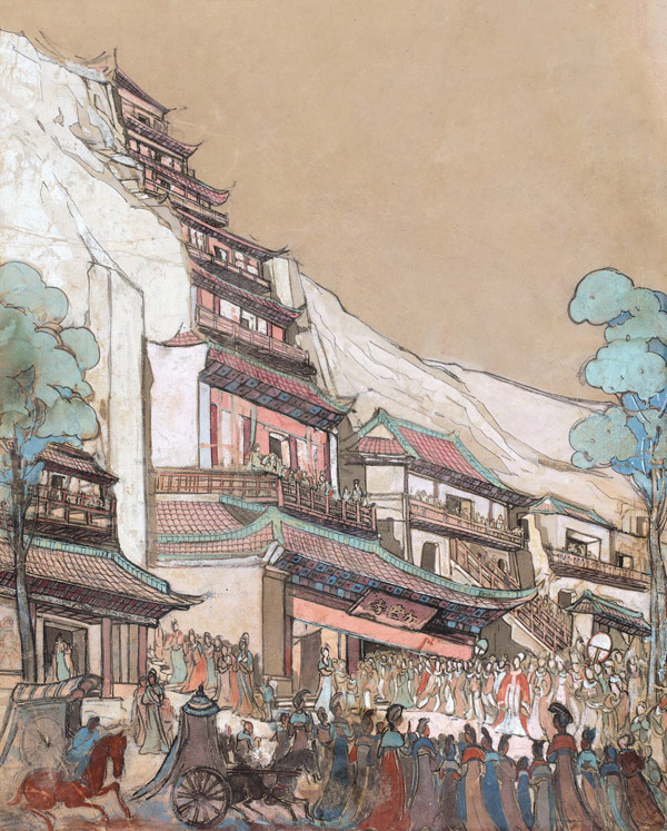 常书鸿《九层楼》 1945年作 纸本水粉 49×39cm 发表《常书鸿绘画作品集》，P65，岭南美术出版社，1997年12月出版。《常书鸿画集》，P229，吉林美术出版社，2004年7月出版。中国嘉德2015秋拍 缩图