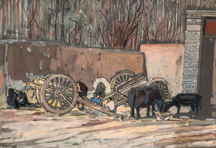 常书鸿《莫高窟一隅》 1945年作 纸本水粉 29.5×43.5cm 发表《常书鸿绘画作品集》，P71，岭南美术出版社，1997年12月出版。《常书鸿画集》，P223，吉林美术出版社，2004年7月出版。 中国嘉德2015秋拍 缩图