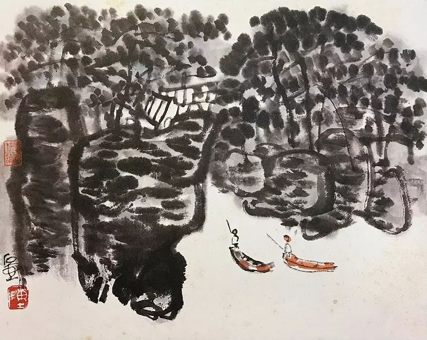陈子庄作品《江村放舟》