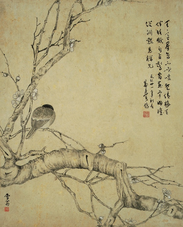陈之佛创作于1941年的《寒梅宿雀》轴（南京博物院藏）