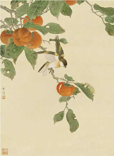 陈之佛作品《红柿小鸟》53cm×39cm 1953 年