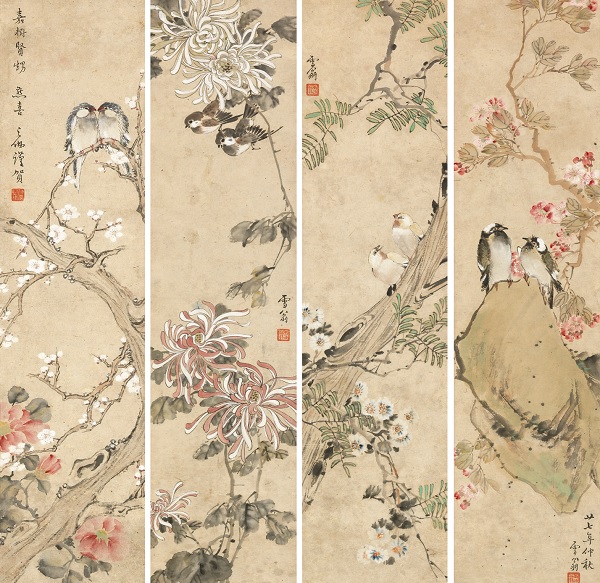 陈之佛创作于1938年的《四季花鸟屏》（私人收藏）
